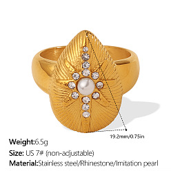 Golden 304 Stainless Steel Crystal Rhinestone Finger Rings, Teardrop with Star, with Imitation Pearl, Golden, US Size 7(17.3mm)
