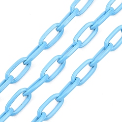 Light Sky Blue Eco-friendly Spray Painted Handmade Brass Paperclip Chains, Flat Oval, Soldered, with Spool, Light Sky Blue, 12.5x6.5x1.5mm, 32.8 feet(10m)/roll