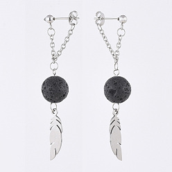 Lava Rock Natural Lava Rock Beads Dangle Ear Studs, with 304 Stainless Steel Ball Post & Pendants & Cable Chains & Ear Nuts, Wing, 68mm, Pin: 0.6mm