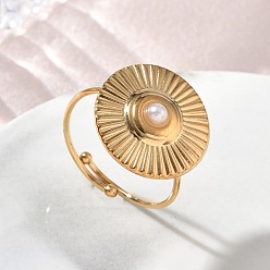Real 18K Gold Plated 304 Stainless Steel with Plastic Pearls Finger Rings for Women, Flat Round, Real 18K Gold Plated, US Size 8 1/2(18.5mm)