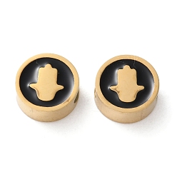 Hamsa Hand Ионное покрытие (ip) 304 шарики из нержавеющей стали, с эмалью, плоско-круглые, реальный 18 k позолоченный, хамса рука, 8x3 мм, отверстие : 2 мм