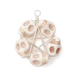 Льняное Полотно Подвески из бисера в виде черепа из синтетической бирюзы, окрашенные в стиле Хэллоуина, подвески-пентаграммы из медной проволоки, покрытой серебром, белье, 30.5x25x10 мм, отверстие : 3 мм