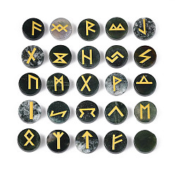 (RRHB277) Кристалл на подкладке из медово-бежевого цвета Латунь старший футарк алфавит выгравированный символ плоский круглый натуральный индийский агат рунические камни, для балансировки чакр, кристаллотерапия, медитация, гадание, 16.5~17.5x6~7 мм, 25 шт / комплект