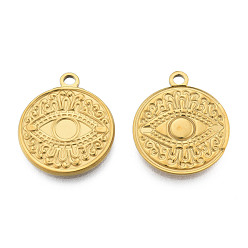 Real 18K Gold Plated Ion Plating(IP) 201 Stainless Steel Pendants, Flat Round with Eye, Real 18K Gold Plated, 24x20.5x2mm, Hole: 2mm