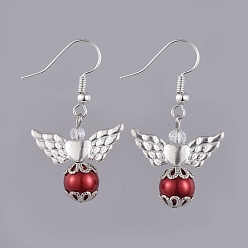 Red Dangle Earrings, with Glass Pearl Round Beads, Rondelle Glass Beads, Tibetan Style Alloy Wing Beads, Brass Earring Hooks & Bead Caps, Red, 38mm, Pin: 0.5mm, Pendant: 22.2x21.6x8mm