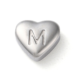 Letter M 201 Stainless Steel Beads, Stainless Steel Color, Heart, Letter M, 7x8x3.5mm, Hole: 1.5mm