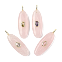 Розовый Кварц Природного розового кварца подвески, Овальные подвески с латунной микро-паве из кубических цирконий (случайного цвета), золотые, 42x13.5x7.5 мм, отверстие : 2.5x4 мм