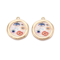 Разноцветный Печатные эмали подвески сплава, плоские круглые обереги от сглаза, стойки покрытие, без кадмия и без свинца и без никеля, золотые, красочный, 33x30x2~3 мм, отверстие : 2 мм