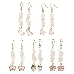 Mixed Shapes Натуральные кристаллы кристалла кварца болтаются серьги, серьги-подвески из легированной эмали с латунными штифтами, разнообразные, 60~69x10~16.5 мм