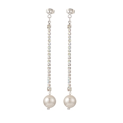 Platinum Brass Rhinestone Strass Chains Dangle Stud Earrings, with Round Shell Pearl Beads, 304 Stainless Steel Jewelry for Women, Platinum, 80mm, Pin: 0.8mm