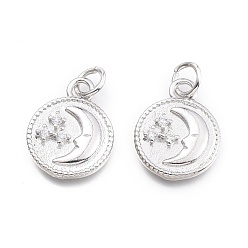 Платинированный Латунные микро проложить кубического циркония подвески, с целью перехода в кольце, плоские круглые с луной, прозрачные, Реальная платина, 15.3x12x2.3 мм, перемычки: 5x0.7 мм, внутренний диаметр: 3.3 мм