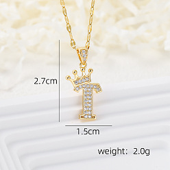 Letter T Латунные микропаве прозрачные кубические цирконии корона инициал кулон ожерелья, реальный 18 k позолоченный, Письмо T, 15.75 дюйм (40 см)