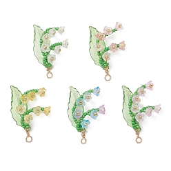 (52) Непрозрачная лаванда Стеклянные подвески с медной проволокой, цветочный шарм, с акриловыми листьями и бисером., разноцветные, 35.5x22x10 мм, отверстие : 2.5 мм