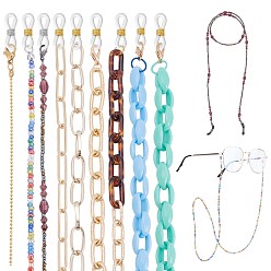 Golden 10Pcs 9 Styles Eyeglasses Chains, Neck Strap for Eyeglasses, with Glass Seed Beads, Acrylic Cable Chains and Rubber Loop Ends, Golden, 10pcs/set