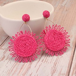 Камелия Серьги-гвоздики из цветочного сплава и рафии, золотые, камелия, 90x58 мм