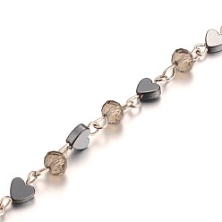 Platinum Unwelded Handmade Glass Beads Double Link Chains, for Necklaces Bracelets Making, with Non-Magnetic Hematite Beads and Iron Eye Pin, Platinum, 5m