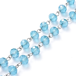 Deep Sky Blue Handmade Electroplate Glass Beaded Chains, with Platinum Plated Iron Eye Pin, Unwelded, Deep Sky Blue, 39.37 inch(100cm), Beads: 8x6mm