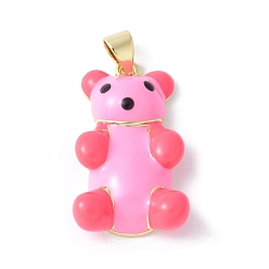 Ярко-Розовый Стойка из латуни с эмалевыми подвесками, с целью перехода в кольце, долговечный, без свинца и без кадмия, медведь, реальный 18 k позолоченный, ярко-розовый, 27x15.5x6.8 мм, отверстие : 5 мм