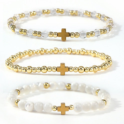 Золотой 3шт. 3 стили латунные и ракушечные круглые бусины эластичные браслеты для женщин, крестик, внутренний диаметр: 6-7/8 дюйм (17.5 см)