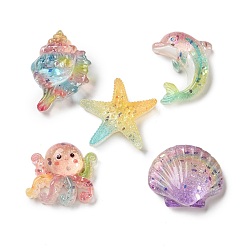 (52) Непрозрачная лаванда Прозрачные смолы кабошоны, морское животное, с блестка, разноцветные, 22~32.5x21~28x9~11.5 мм