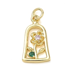 Émeraude En laiton avec pendentifs en strass, arche avec breloques en forme de fleurs, or, émeraude, 18.5x10x3mm, Trou: 3mm