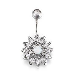 Platin Farbe Piercing-Schmuck, kubischer Zirkiona-Nabelring aus Messing, Bauchringe, mit 304 Edelstahlstab & synthetischem Opal, Platin Farbe, 26.5x16 mm, Stange: 15 Spurweite(1.5mm), Stangenlänge: 3/8"(10mm)