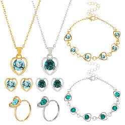 (52) Непрозрачная лаванда Стеклянный набор украшений в форме сердца, 2 шт. 2 цветные ожерелья из сплава с подвеской и 2 шт. 2 цветные браслеты-цепочки и 2 пары 2 цветные серьги-гвоздики и 2 шт. 2 цветные регулируемые кольца, разноцветные, 450 мм, 11x12 мм, внутренний диаметр: 17 мм, 230 мм