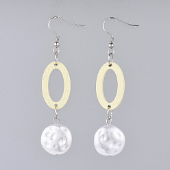 Yellow Painted Poplar Wood Dangle Earrings, with ABS Plastic Imitation Pearl Beads and 316 Surgical Stainless Steel Earring Hooks, Yellow, 71mm, Pin: 0.6mm