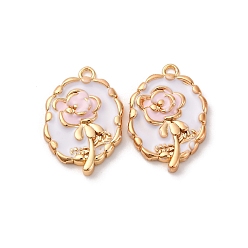 Pink Латунь эмаль подвески, овал с подвеской в виде розы, без кадмия, без никеля и без свинца, реальный 18 k позолоченный, розовые, 18.5x12.5x2.5 мм, отверстие : 1.4 мм