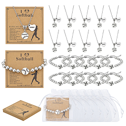 Plateado Antiguo & Platino Pulseras de eslabones de béisbol con cuentas de plástico CCB de aleación, con 304 collares colgantes de béisbol y corazón de acero inoxidable, Incluyendo tarjetas de presentación, Bolsas de organza, plata antigua y platino, 450 mm