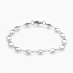 Stainless Steel Color Tarnish Resistant 304 Stainless Steel Link Chain Bracelets, with Lobster Claw Clasps, Flat Round, Stainless Steel Color, 7-5/8 inch(19.5cm)