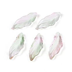 Розовый Подвески из прозрачного стекла с росписью для запекания, лист, два тона, туманная роза, 26~26.5x9~9.5x6.5~7.5 мм, отверстие : 1.2~1.5 мм, Около 917 шт / 1000 г