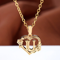 Letter U Цепочка из латуни с подвеской в виде сердца в форме розы и буквы, золотые, Буква U, 17.72 дюйм (45 см)
