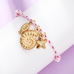 Золотой 304 из нержавеющей стали шарм браслеты, плетеные браслеты из полиэфирного волокна для женщин, рыба, раковина и морская звезда, золотые, внутренний диаметр: 2-7/8 дюйм (7.3 см)