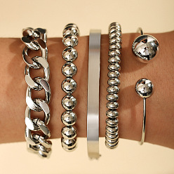 Платина Набор из тянущихся браслетов и манжет из железа и пластика CCB для женщин, платина, 6-1/4 дюйм (16 см) и 2-3/8 дюйм (6 см), 5 шт / комплект