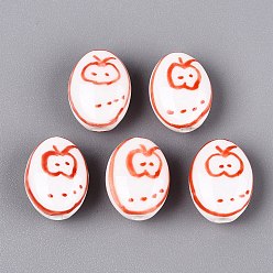 Tomato Handmade Porcelain Beads, Hand Painted, Famille Rose Porcelain, Oval & Apple, Tomato, 15.5~16x12~12.5x8~8.5mm, Hole: 2~2.5mm