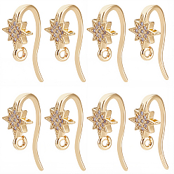 Real 18K Gold Plated 20Pcs Brass Micro Pave Clear Cubic Zirconia Star Earring Hooks, Long-Lasting Plated, Nickel Free, with Loop, Star, Real 18K Gold Plated, 16x8x7mm, Hole: 1.2mm, Pin: 1mm