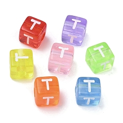 Letter T Прозрачные акриловые бусины, окрашенные спреем, куб с письмом, разноцветные, Письмо T, 9.5x9.5x10 мм, отверстие : 3.8 мм, Около 570 шт / 500 г