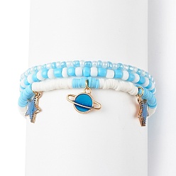 Pale Turquoise 3Pcs 3 Styel Glass Seed & Polymer Clay Beaded Stretch Bracelets Set, Alloy Enamel Planet & Star Charms Stackable Bracelets for Women, Pale Turquoise, Inner Diameter: 2-1/8~2-1/4 inch(5.4~5.7cm), 1Pc/style