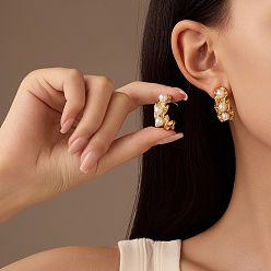 Настоящее золото 18K 304 серьги-гвоздики из нержавеющей стали с имитацией жемчуга, c-образный, реальный 18 k позолоченный, 24.5x12.5 мм