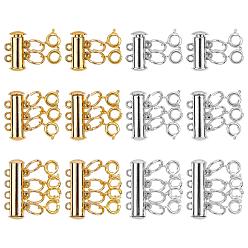 Platinum & Golden Tube Brass Magnetic Slide Lock Clasps, with Open Jump Rings and Spring Ring Clasps, Platinum & Golden, 12sets/box