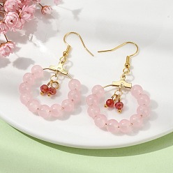 Misty Rose Imitation Jade Glass Beaded Ring Dangle Earrings, Golden Iron Wire Wrap Long Drop Earrings, Misty Rose, 53.5x30mm