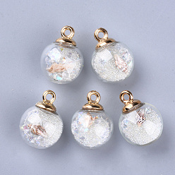 WhiteSmoke Transparent Glass Globe Pendants, with Resin & Resin Rhinestone & Conch Shell & Glass Micro Beads inside, Plastic CCB Pendant Bails, Round, Golden, WhiteSmoke, 21.5x16mm, Hole: 2mm