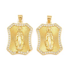 Clear Brass Micro Pave Clear Cubic Zirconia Pendants, Rectangle with Virgin Mary Charms, Cadmium Free & Lead Free, Long-Lasting Plated, Rack Plating, Real 18K Gold Plated, Clear, 28x20x3mm, Hole: 3x4mm