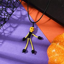 Желтый Ожерелья с подвесками в виде скелета из стеклянных бусин и натурального черного оникса (окрашенного и нагретого) и окрашенного черепа из синтетической бирюзы на тему Хэллоуина, ожерелье из вощеного хлопкового шнура для женщин и мужчин, платина, желтые, 17.60 дюйм (44.7 см)