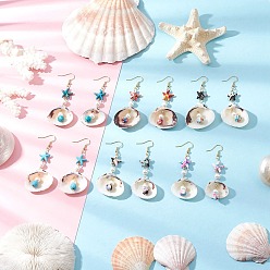 (52) Непрозрачная лаванда В форме ракушки 304 серьги-подвески из нержавеющей стали с синтетической бирюзой, с натуральными бусинами из ракушек и искусственным жемчугом, золотые, разноцветные, 76x29 мм, 6 пар / набор