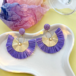 Средний Фиолетовый Серьги-гвоздики из сплава рафии в стиле бохо, золотые, средне фиолетовый, 70x65 мм