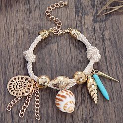 Золотой Браслеты из богемного сплава, пластика, смолы и натуральных ракушек с подвесками, плетеные браслеты из хлопкового шнура для женщин, формы раковины, золотые, 7.09~9.06 дюйм (18~23 см)