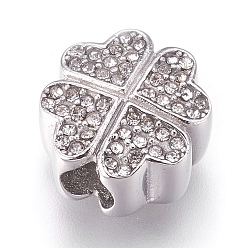 Нержавеющая Сталь Цвет 304 из нержавеющей стали европейские шарики, бусины с большим отверстием, со стразами, клевер, цвет нержавеющей стали, 12.5x13x7 мм, отверстие : 4 мм