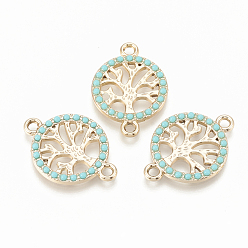 Light Gold Alloy Links connectors, with Resin, Ring with Tree of Life, Turquoise, Light Gold, 26.5x19x2.5mm, Hole: 2mm